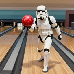 star wars stormtrooper holding a bowling ball, stormtrooper at a bowling alley, one stormtrooper getting ready to roll a bowling ball down the bowling lane, painting by ralph mcquarrie
