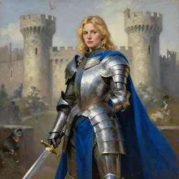 blonde female knight in armor with a blue cape holding a sword in a castle, painting portrait