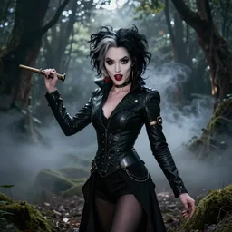 disney cruella devilla in the woods, 8 k, professional photography, cinematic shot, dark, smoke, mist