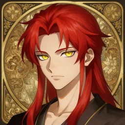 portrait of hisoka morow hunter hunter, 2 0 years old, male, very very sharp jaw yellow eyes very very narrow yellow iris red hair soft hair swept back crimson medium length hair, anime, fantasy, intricate, elegant, highly detailed, digital painting, artstation, concept art, matte, sharp focus, illustration, art by artgerm and greg rutkowski and alphonse mucha