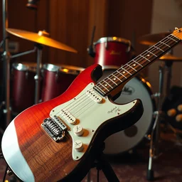 photo of an electric guitar remixed with parts of a drumset