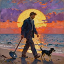 fauvist painting of a man walking with a metal detector and a dog on a danish beach at sunset,