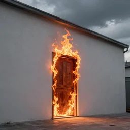 a fiery portal is the gateway to hell a burning door on the wall of a house, cinematic view, epic sky, detailed, concept art, low angle, high detail, warm lighting, volumetric, godrays, vivid, beautiful, trending on artstation, by jordan grimmer, huge scene, grass, art greg rutkowski