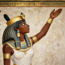 mural of a beautiful young african muse, in golden egyptian ornaments,  reaching towards the heavens, holy imagery, highly detailed, beautiful colors, renaissance mural, golden ratio, in the style of sandro boticceli