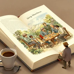 a giant book having coffee with 3 teachers, art by greg manchess, guangjian, detailed digital art, artstation hd