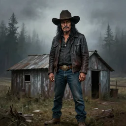 chicano street style grunge painting of a farm shed. in the distance, there is a forest. by bob ross, grim, gothic, ominous, haunting, foggy background, immaculate scale, hyper - realistic, trending on artstation, 8 k, detailed, atmospheric, immaculate