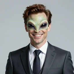 a hyper realistic portrait of a smiling male alien in a suit for advertisement, artstation
