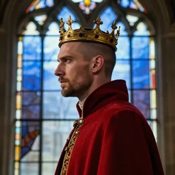 side - view portrait of a stern man, wears a crown, buzzcut, stubble, red coat, gothic stained glass window, blue sky background, very masterful, royal, backlit