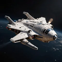 high resolution photo of an intricately detailed tropical fish in the shape of battlestar galactica swimming in space
