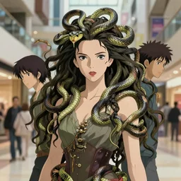 5 0 mm caucasian demigoddess portrait, midtown mall, snake entwined hair, martin schoeller, oleg bulakh, id magazine, epic scene, soft dynamic lighting, intricate, detailed, makoto shinkai, takashi takeuchi, studio ghibli, akihiko yoshida, sharp focus, photoreal, 8 k