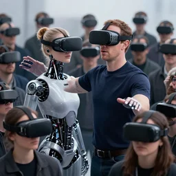 cyborg mark zuckerberg controlling a crowd of people with vr headsets