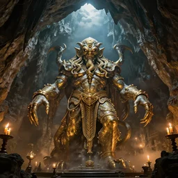a beautiful hyper realistic detailed matte painting of the interior of a cavern with a gold - trimmed statue of cthulhu in the center, dramatic lighting, dynamic lighting, cinematic lighting, lit by candlelight, by john howe and andreas rocha, unreal engine, featured on artstation, featured on behance, ultrawide angle, f 8 : 1 0 oversaturation : - 4, sky, clouds : - 5