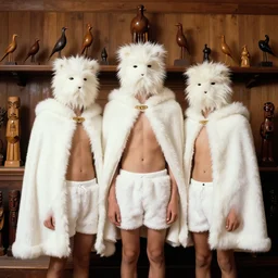 realistic photo of the family wearing fluffy hairy masks, faceless, no face, white fluffy cotton shorts, white fluffy cloak, polished and fancy, standing in the wooden room full of wooden bird idol sculptures 1 9 9 0, life magazine reportage photo