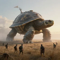 a tribe taking on a giant steampunk turtle on the empty plains at dawn, ethereal fantasy art by greg rutkowski