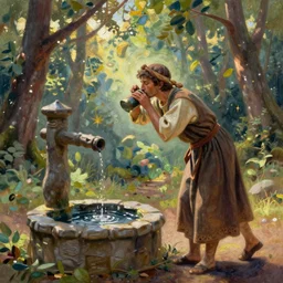 a pilgrim drinking from a well, forest clearing, beautiful sunlight, mysticism, oil painting, masterpiece, medieval art, nature