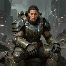 character portrait of a big beefy bulky female warrior wearing mjolnir mk 6 armor from halo infinite sitting down in a desolate cyberpunk wasteland city, symmetrical face details, realistically rendered eyes, 8 k, ultra realistic, realistic shading, concept art, digital painting, illustration, matte painting, moody lighting, good value control, sharp focus, minimal artifacts, john singer sargent, william - adolphe bouguereau, masami suda