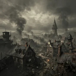 steampunk era, polluted air, town overview, gloomy atmosphere