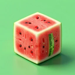 studio shot of a cube watermelon shaped like a cube, isometric perspective, green background, product shot, 8 k octane render surreal, ultra - detailed