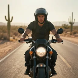 young man on a desert road on his motorcycle on a hot day, modular helmet, driving toward camera, close - up, worms - eye - view, cacti, cinematic lighting, dramatic backlight, long lens, bokeh, masterpiece by louis klemantaski and james moy