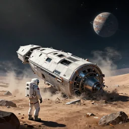 a spaceship crashed into a foreign planet, wasteland. The spaceship is burried in the ground. an astronaut is looking at what is lost. digital art, artstation trending