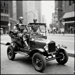 cyberpunk 1 9 0 8 model ford t by paul lehr, jesper ejsing, metropolis, parked by view over city, vintage film photo, robotic, damaged photo, scratched photo, silent movie, black and white photo