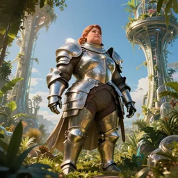 a heavy chubby female knight in a hi-tech botanical world with blue skies | style of donato giancola, vincent callebaut, dramatic light | high detail | cinematic lighting | pristine metals, glass, plants | solarpunk | golden hour | volumetric lighting | strong wide body | concept art |
