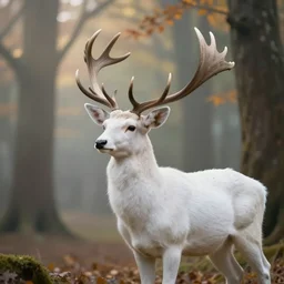 a beautiful illustration of a white deer with antler, in a forest, autumn, volumetric light, depth of field, fantasy, morning light, mist, dreamy atmosphere, cinematic shot, high definition, detailed, studio ghibli, moebius