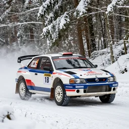 a 1 9 9 8 nissan r 3 9 0 gt 1, racing through a rally stage in a snowy forest