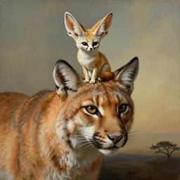 surreal painting of a small fennec sitting on the head of a big lynx by salvador dali