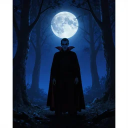 a vampire stands in the forest at night on fire blue light moon stars gradient
