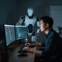 a developper is coding on his computer in a dark room, a robot is appearing to help in the light