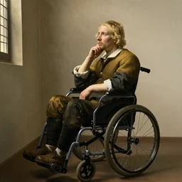 a blonde man sitting in a wheelchair pondering about life, portrait in the style of dutch renaissance, rembrandt exhibition, 4 k high definition, masterpiece
