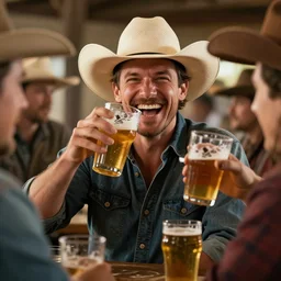 epic portrait cinematic shot cowboy laughing and enjoy his drink of beer with friends, photography, realistic, detailed,