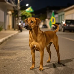 beautiful night telephoto of stray, Stray caramel dog and a green and yellow flag in the streets of Brazil | Rhodesian Ridgeback | photo, dslr, nikon lens, night time photography