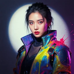 a cyberpunk with beautiful eyes wearing futuristic clothing, passionate, spotlight, paint drips, paint splatter, vibrant colors, dramatic, canvas texture, futuristic clothing, by marco paludet
