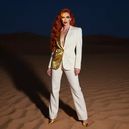 portrait of a woman with long red hair, very beautiful style, in a gold suit, her in a white suit blonde, desert, dunes, photorealism, night in the desert, her face illuminated with golden rays, she is wearing smokey ice makeup and red lips, she stands on gold stilettos, heels, edgard maxence,