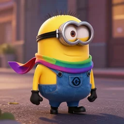 Gru from Despicable Me, wearing an LGBTQ+ scarf, walking on the street at night
