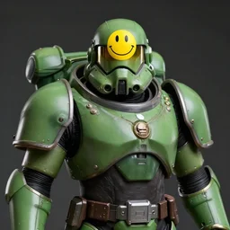 portrait of a mutant chronicles doomtrooper, wearing green battle armor, a yellow smiley sticker centered on helmet, by mark brooks