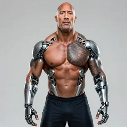 A highly detailed photograph of Dwayne Johnson with various cybernetic augmentations