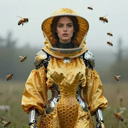 fantasy beekeeper, stunning woman, wearing nanotech honeycomb robe, silky, surrounded by bees, futuristic, sci-fi, cinematic, greg rutkowski, peter mohrbacher