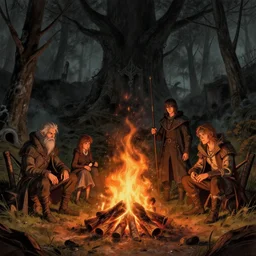 a bonfire in the style of dark souls by brian froud, rossdraws, tom bagshaw and jeremy lipkin