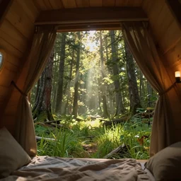 concept art of an inside of a cabin in the woods, warm lighting, vivid, detailed, by jordan grimmer, volumetric, huge scene, grass, trending on artstation, low angle, cinematic view, concept art, godrays, art greg rutkowski, high detail, epic sky, beautiful