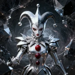 front shot of a court jester character mesmerizing fractal hyper cubes platinum cracked dark future hyper dimensional space galactic crystal nebula edges elegant detailed intricate concept artstation sharp focus ray tracing cinematic masterpiece fine portrait octane render nvidia
