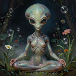 a neoclassicist close - up portrait of a big - eyed sci - fi alien woman with iridescent skin meditating with plants and flowers in a garden at night with glowing bubbles. reflective textures. glowing fog. highly detailed fantasy science fiction painting by moebius, norman rockwell, frank frazetta, and syd mead. rich colors, high contrast, gloomy atmosphere, dark background. artstation