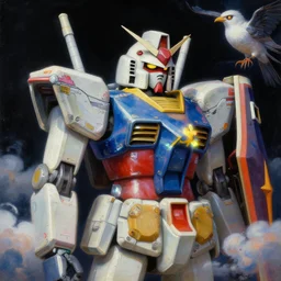 a baroque neoclassicist renaissance close - up portrait of a minimalist colorful iridescent whimsical 1 8 0 0 s japanese mecha gundam hawk eagle falcon bird with big glowing eyes. reflective detailed textures. puffy clouds, dark black background. highly detailed fantasy science fic tion painting by moebius, norman rockwell, frank frazetta, and syd mead. rich colors, high contrast. artstation