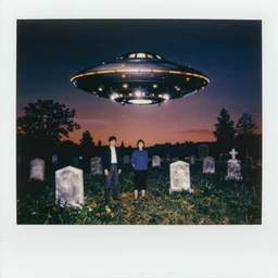 a polaroid of a UFO over a abandoned cemetery from 90s by Laurie Lipton, grainy film kodak, by  Ayami Kojima,  Mark Brooks, rich deep colors. Beksinski painting, part by Adrian Ghenie and Gerhard Richter. art by Takato Yamamoto. masterpiece