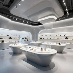 futuristic store interior with display tables, by liam wong, octane lumion corona