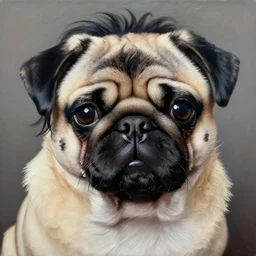 a pug with black emo anime hair, intricate, masterpiece, stunning, oil painting