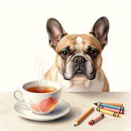 french bulldog behind the cup of tea, pencil and crayon soft sketch,