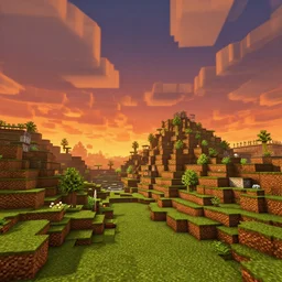 atmospheric noon picture of minecraft landscape, sky is on fire